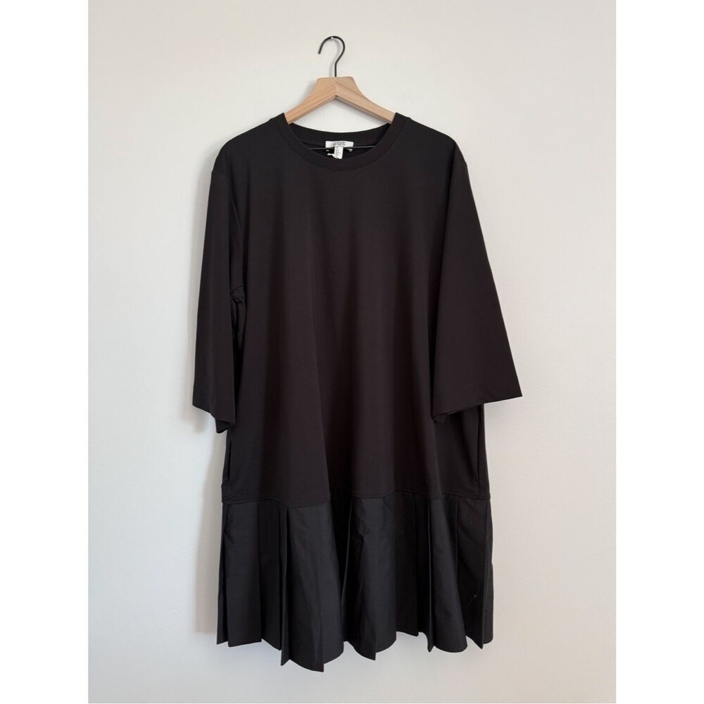 COS Black Mixed Media Pleated Hem Shift Dress Size Large